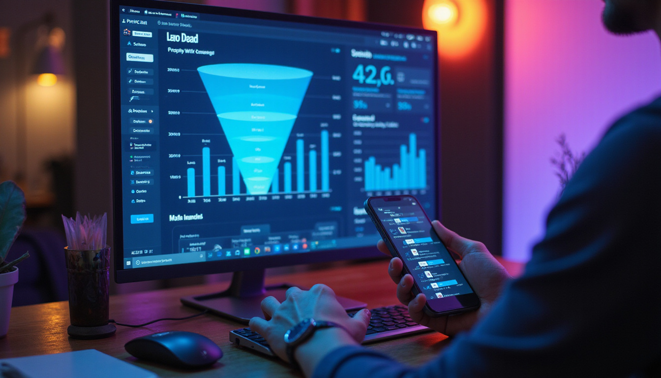  Modern workspace showing CRM dashboard, leads funnel glowing, agent typing on smartphone, vibrant colors
