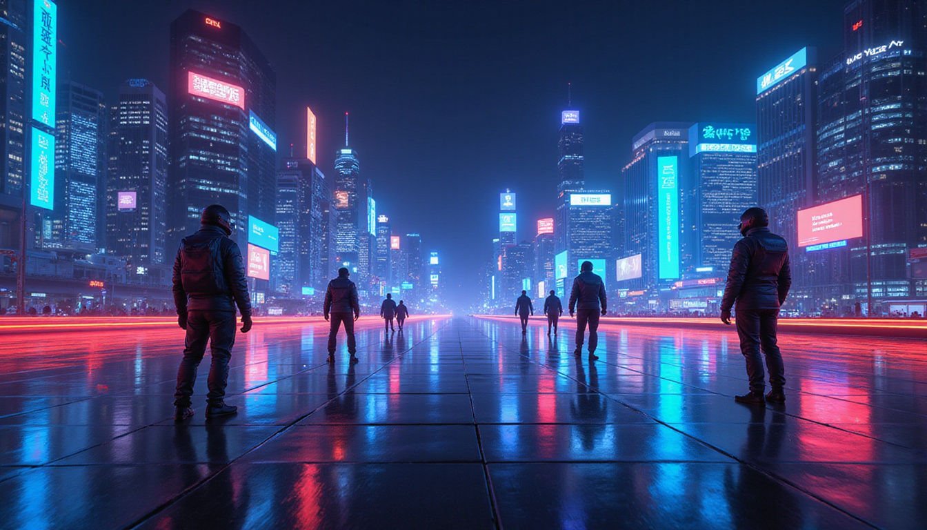  Neon-lit cityscape made of algorithms, automated campaign robots delivering tailored messages to individual consumers