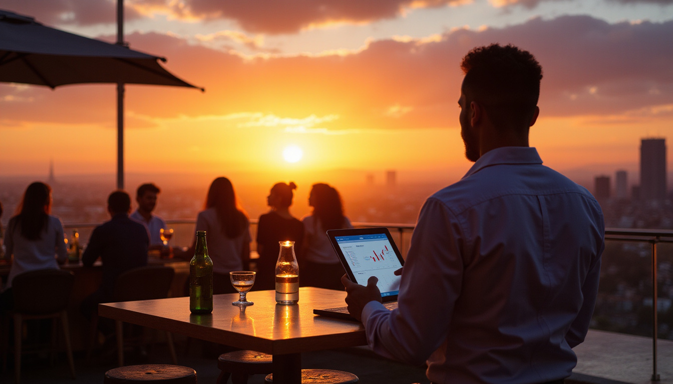  Rooftop bar sunset, manager with tablet overseeing joyful guests, elegant service, glowing upward financial chart