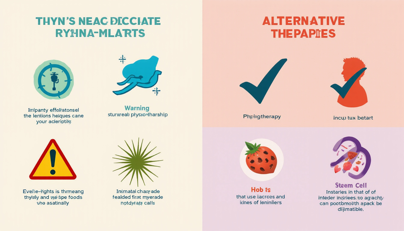  Conceptual split-scene: evidence charts, risk warning icons, alternative therapies physiotherapy PRP stem cell