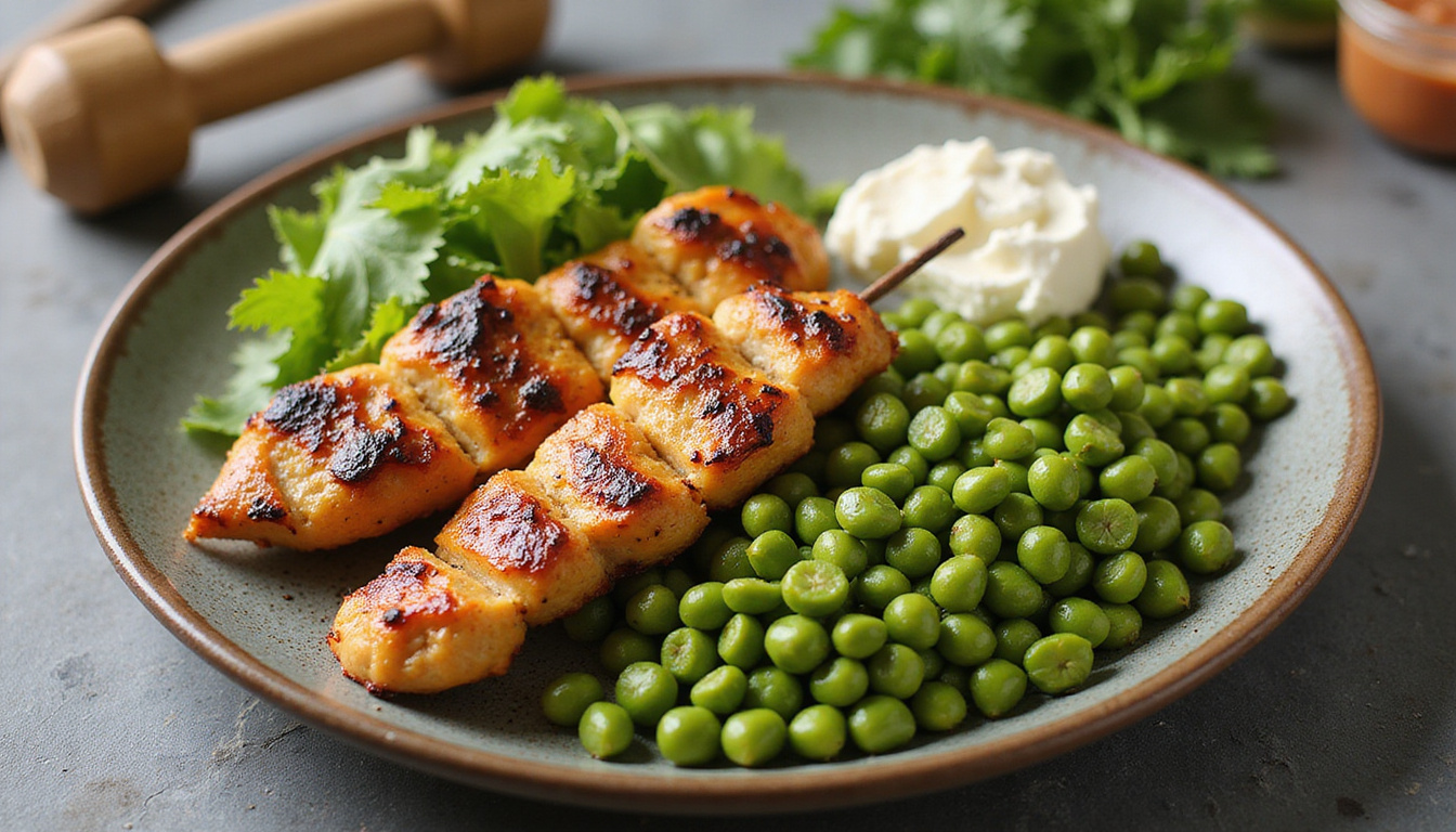 Protein-packed spread with grilled chicken skewers, edamame, cottage cheese, small dumbbell, bright natural light