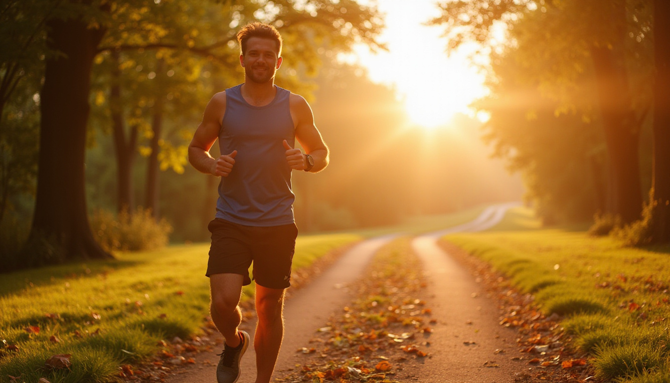  Morning runner on leafy path, smartwatch, glowing sunrise, checklist calendar, calm confident smile