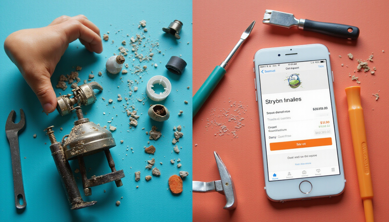 Side-by-side scene: DIY dismantling appliances, neat toolset, smartphone price-comparison app glowing