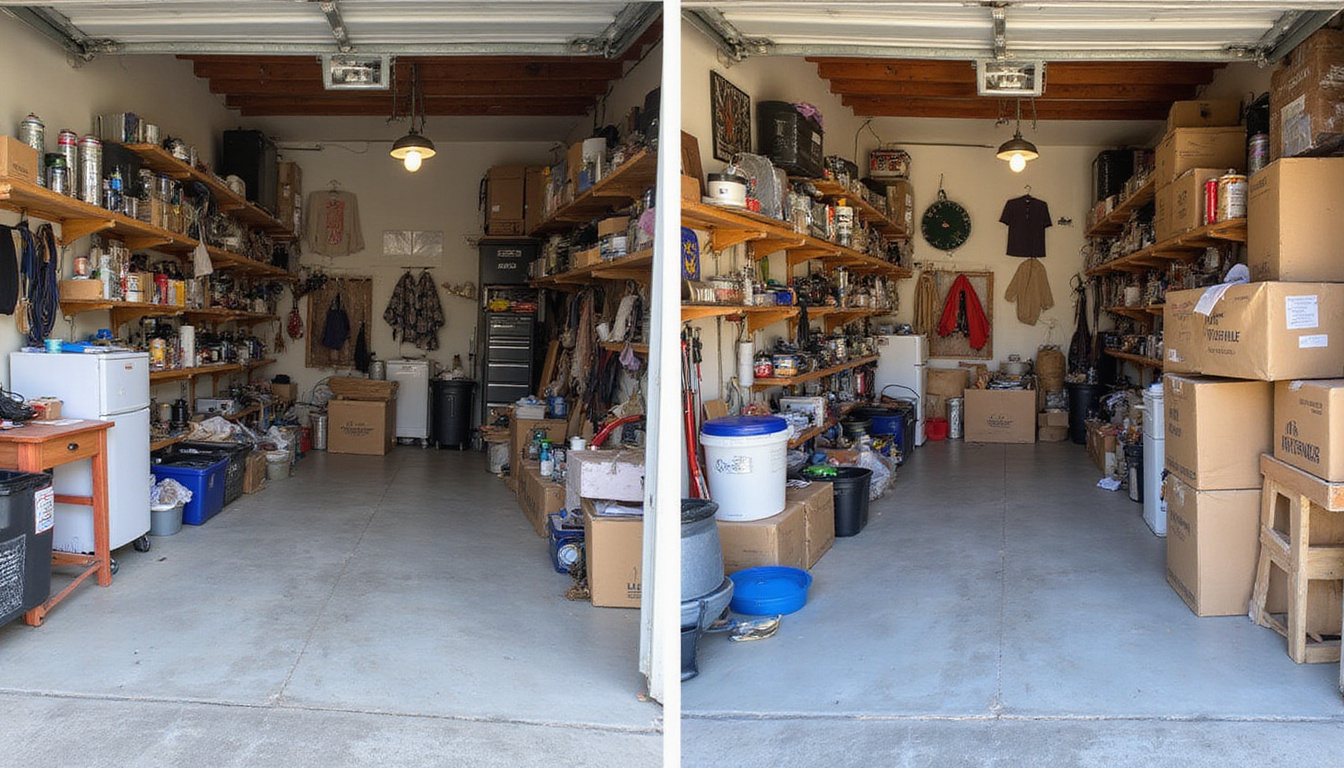  Before-and-after garage cleanout scene, cluttered to organized, boxes cleared, satisfied family high-fiving