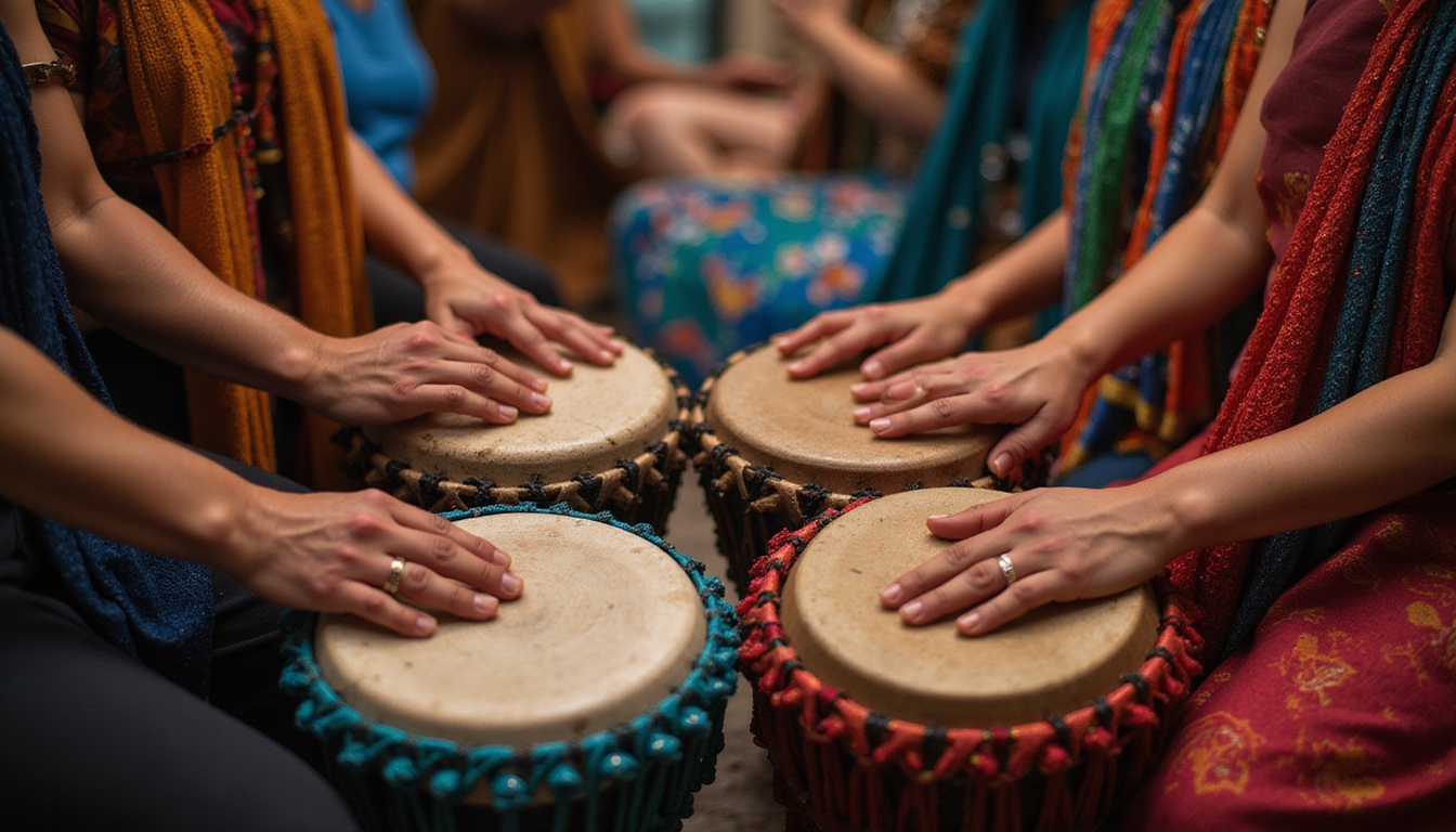  Close-up hands on djembes, colorful scarves, pulsating light trails symbolizing shared transformation