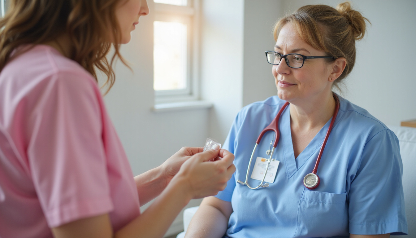  Nurse applying estradiol patch to middle-aged woman, instructional labels, warm supportive environment
