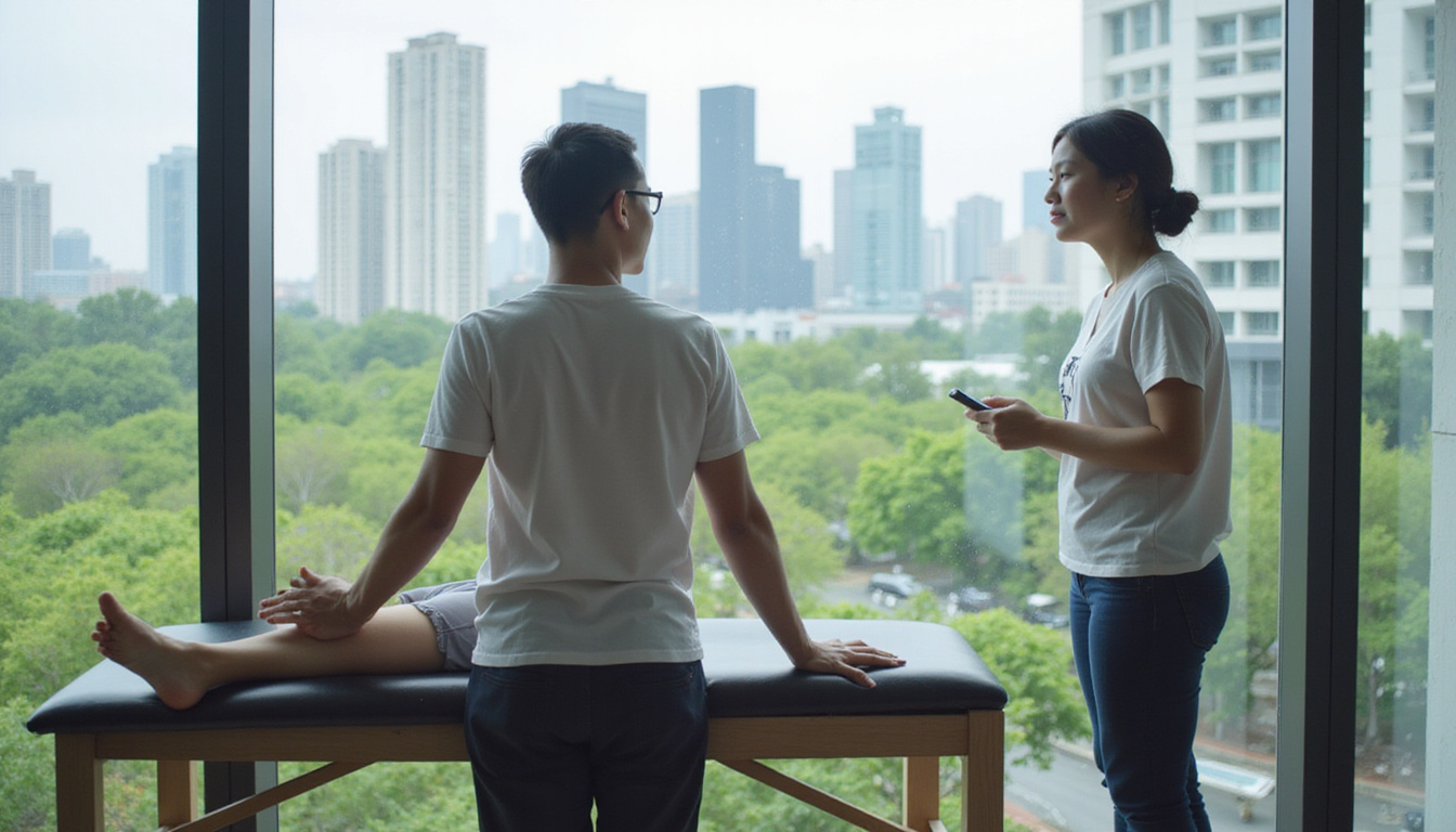  Hands-on manual therapy, rehabilitation exercises, ergonomic advice, skyline view of Jurong industrial greenery