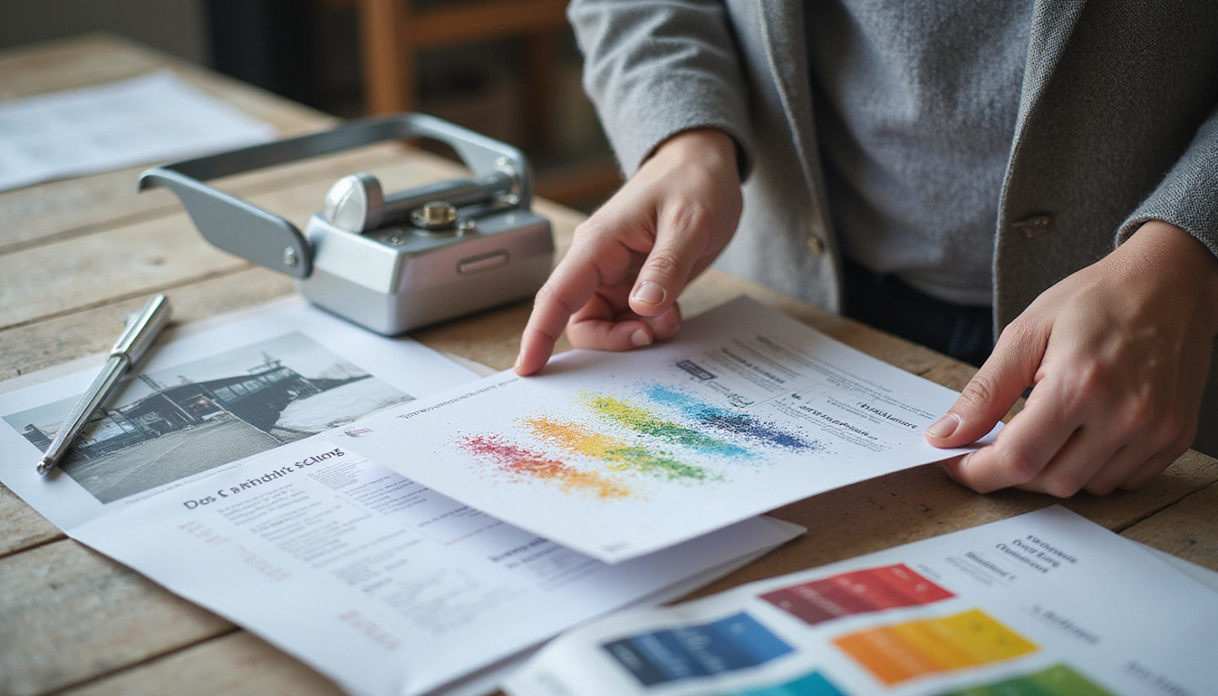  Entrepreneur inspecting textured branded mockups, color swatches, precision cutter, infographic overlay showing cost reduction