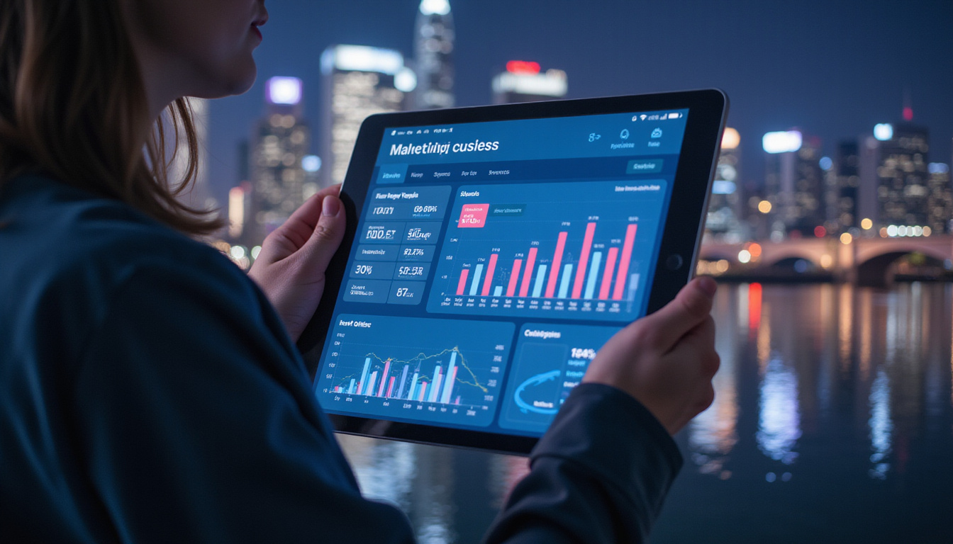  Modern marketing dashboard, agent analyzing offers on tablet, glowing notifications, urban skyline background