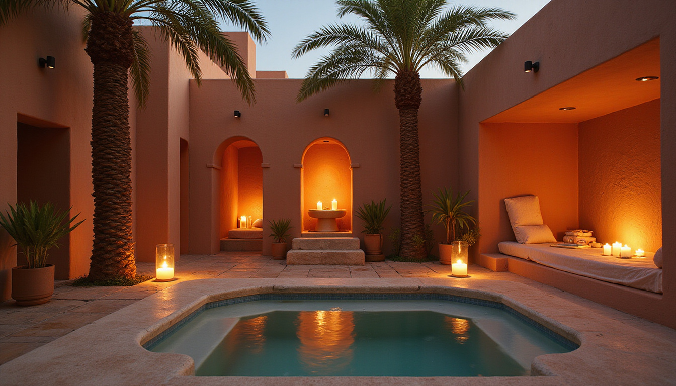  Secluded desert wellness retreat, candlelit hammam, palm courtyard, aromatic incense, modern minimalist luxury oasis