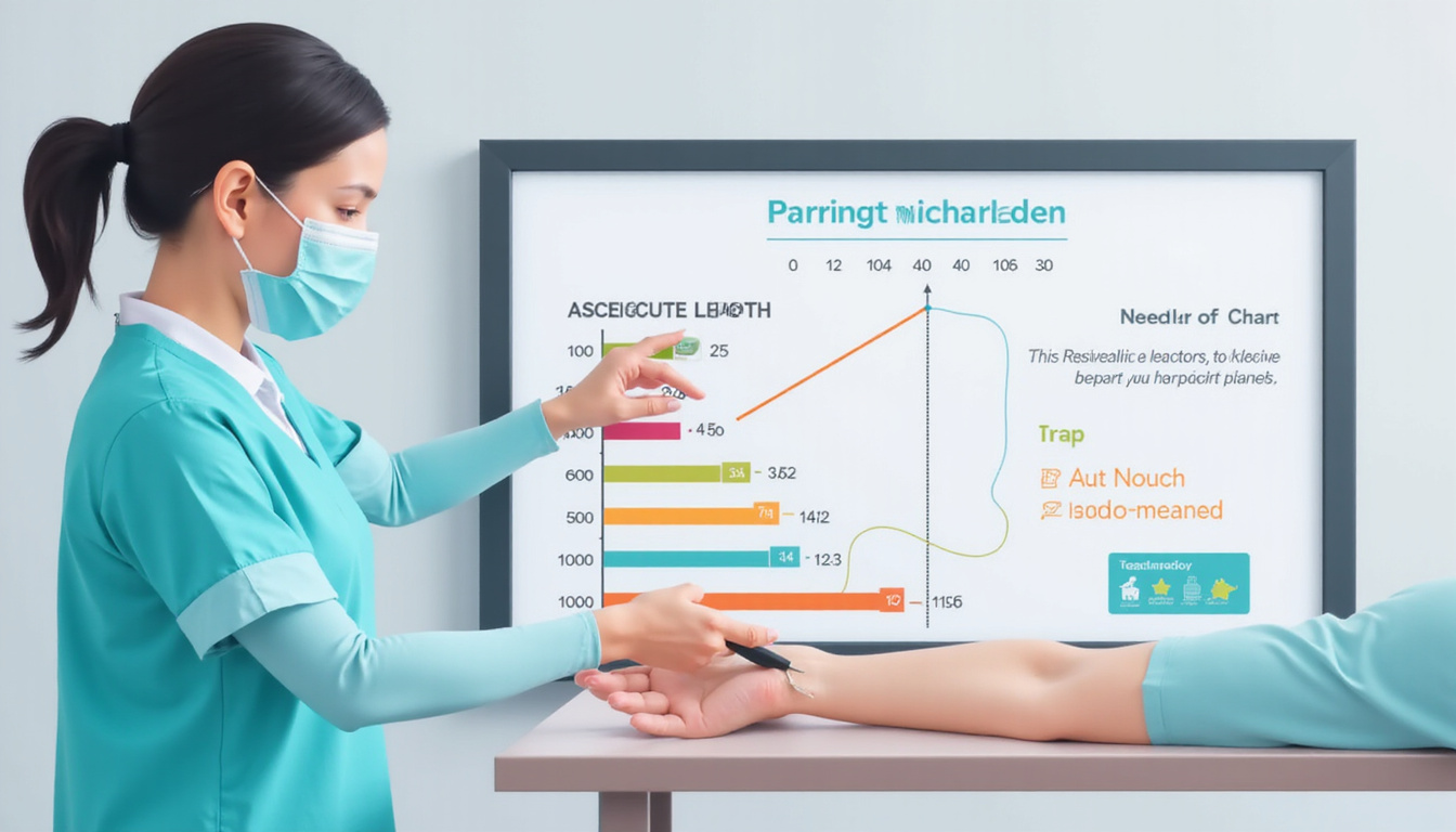  Healthcare professional selecting correct needle length chart beside patient arm, calm, educational infographic