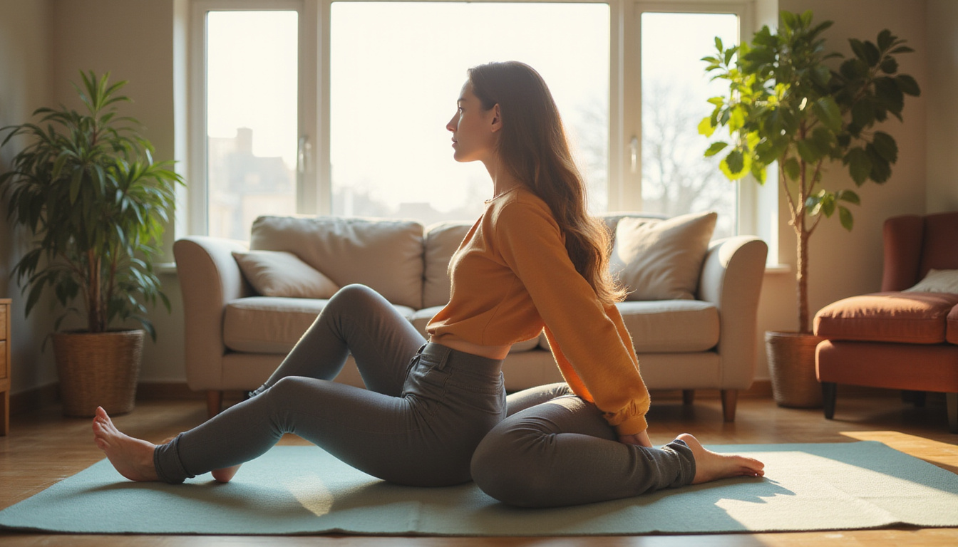 Person easing stubborn back stiffness with restorative yoga, cozy living room, warm morning light