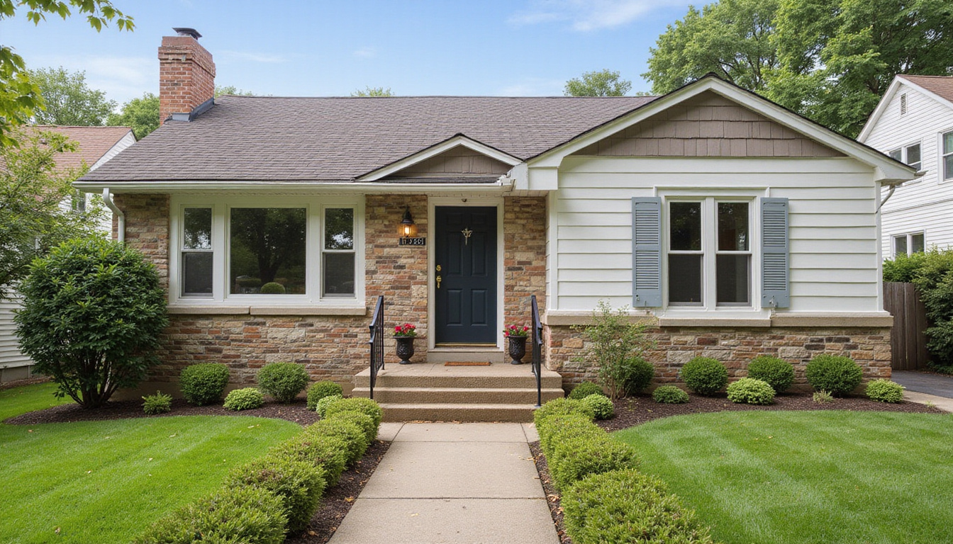  Curb appeal after makeover: freshly painted facade, stacked reclaimed bricks, manicured lawn, smiling family