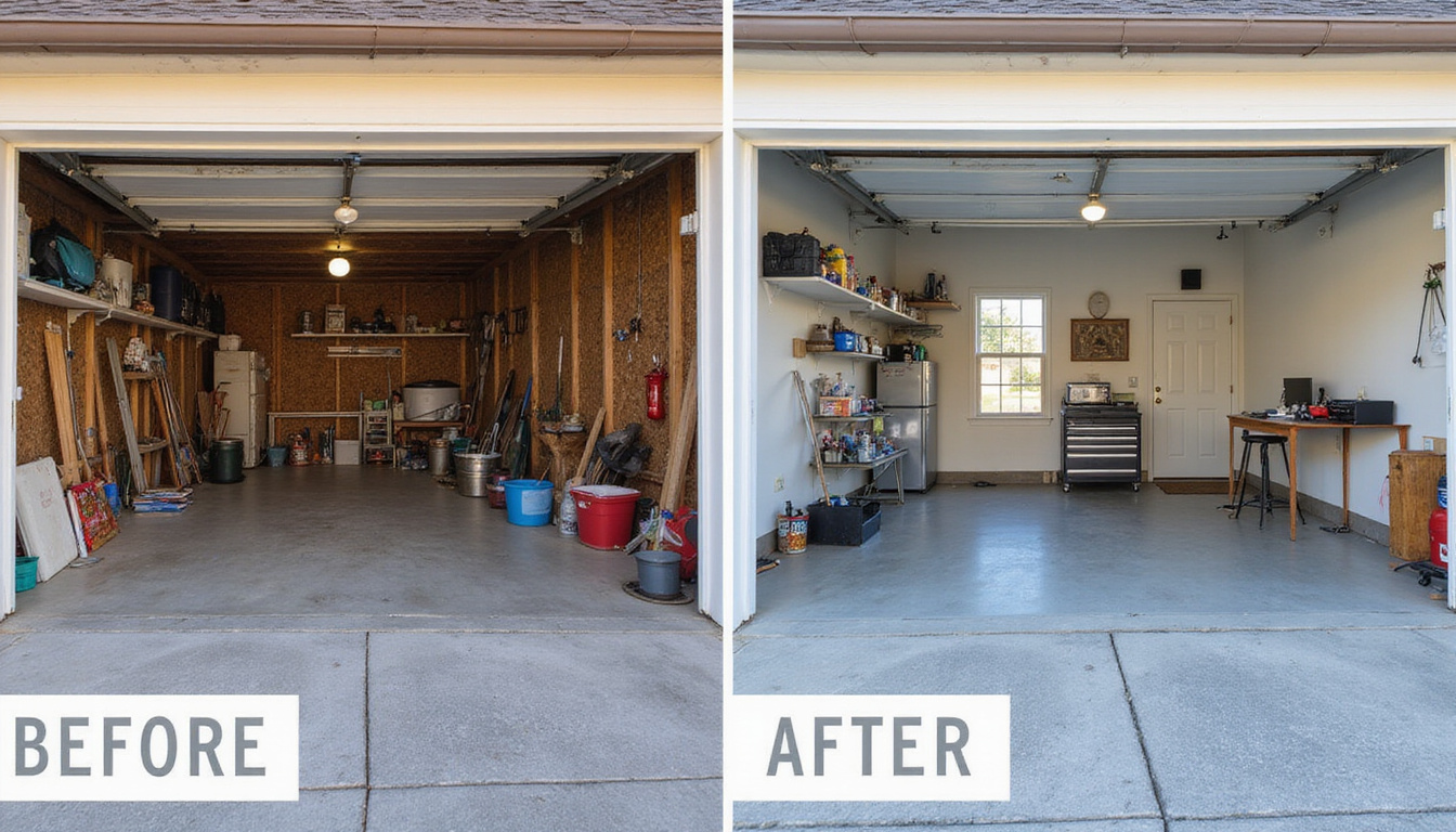  Before-and-after split view: messy garage transformed into tidy space, affordable, fast cleanup
