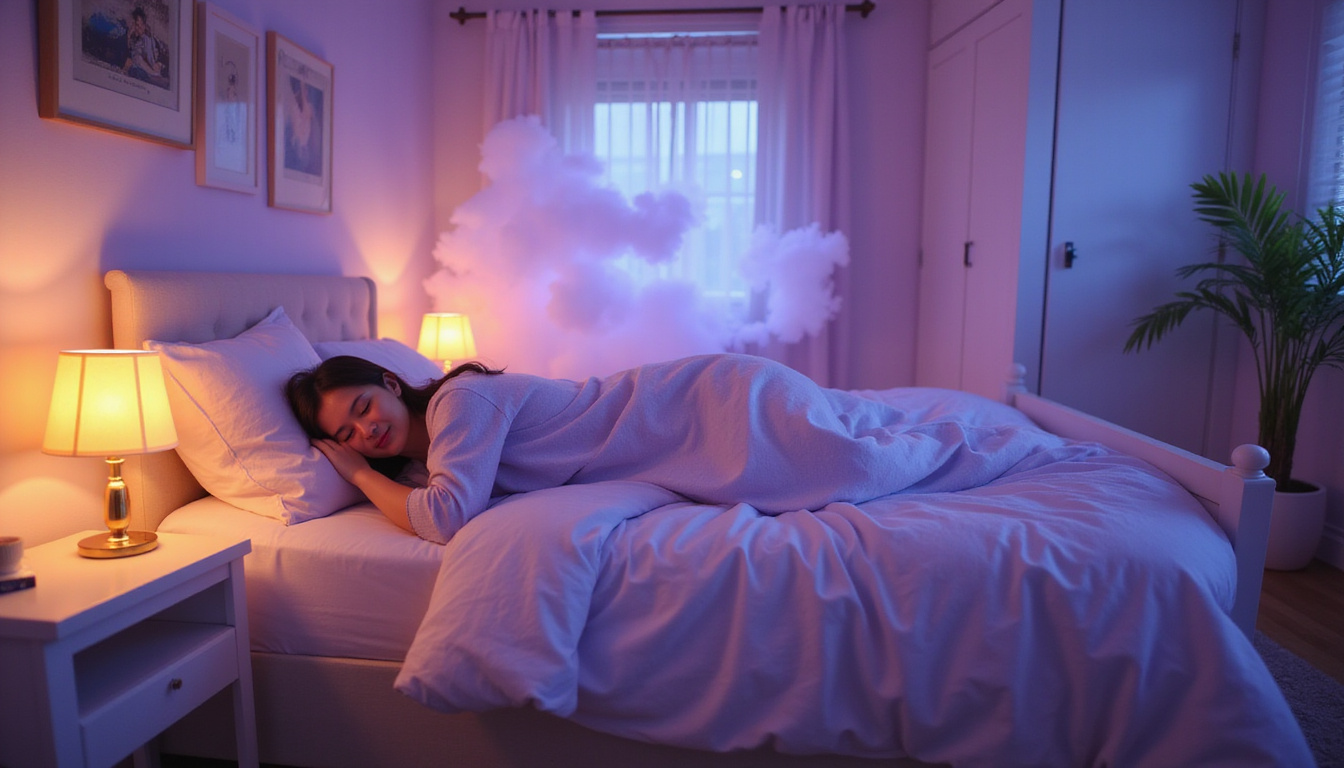  Cozy bedroom, warm lamplight, floating lavender clouds carrying away tension, sleeping figure smiling