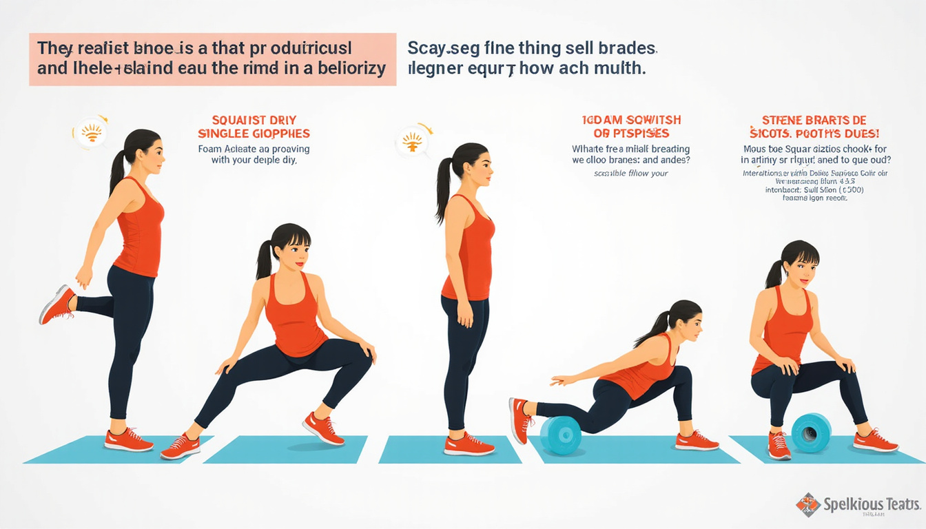  Infographic-style scene of exercises: squats, single-leg balance, foam roller, knee braces, injury prevention tips