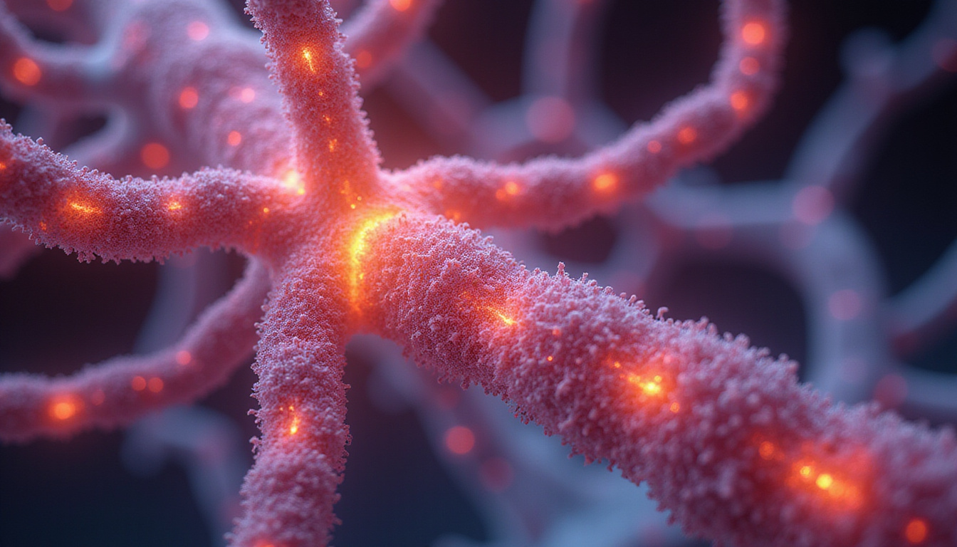 scientific close-up of Type I collagen fibers forming strong joint cartilage, microscopic glowing strands