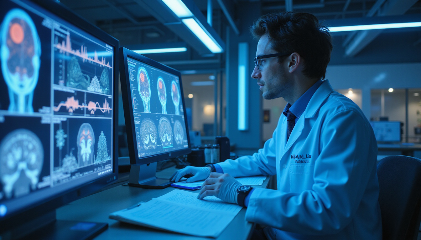  Futuristic lab scene: doctor analyzing genomic screen predicting prostate cancer treatment response, blue tone