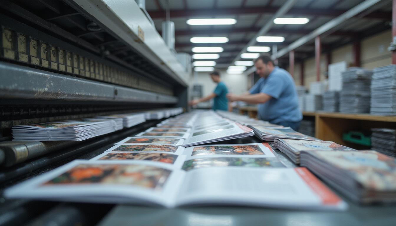  Print shop scene: industrial offset press producing glossy booklets, workers stacking bundles, dynamic motion