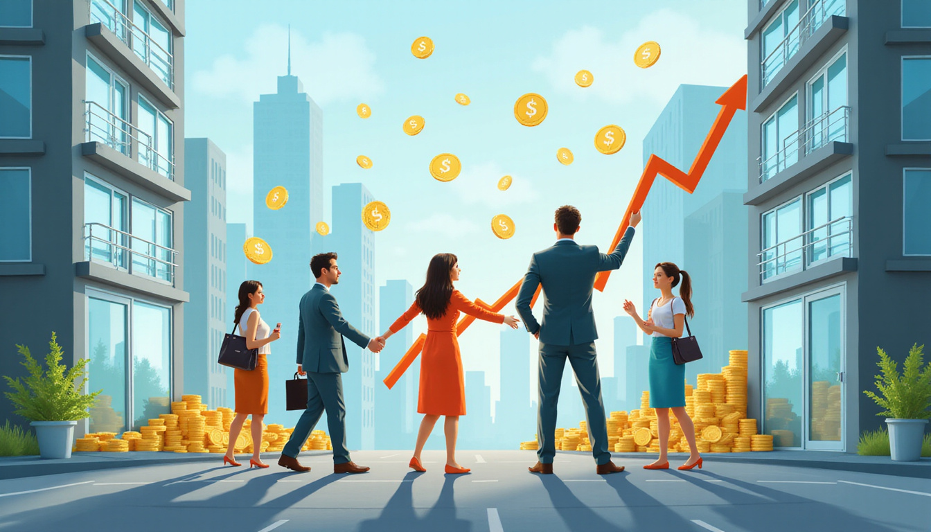  Stylized city apartment cutaway, guests enjoying, upward profit graph, golden coins raining