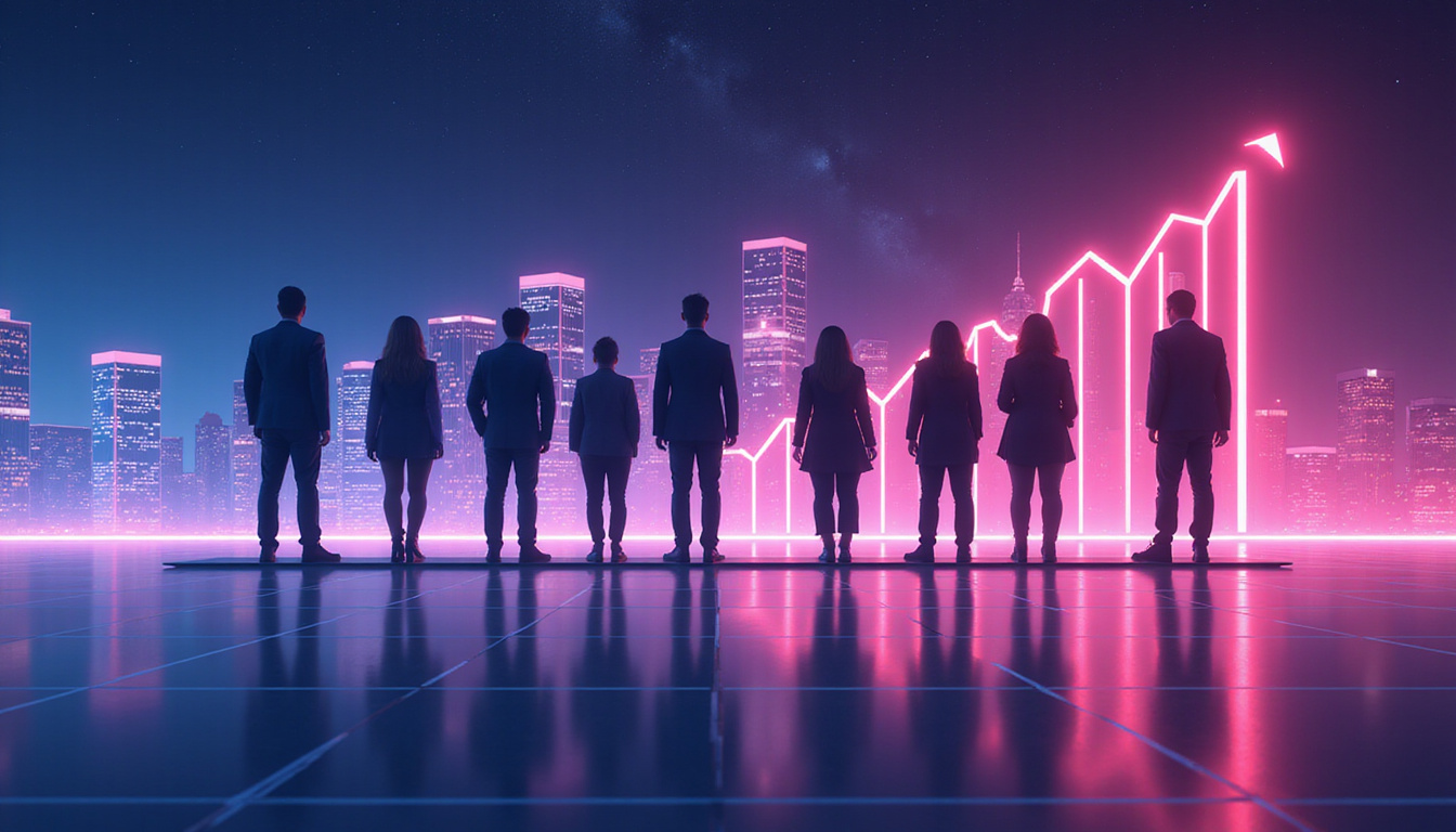  Futuristic skyline of user silhouettes on calendar timeline, ascending growth arrows, neon analytics