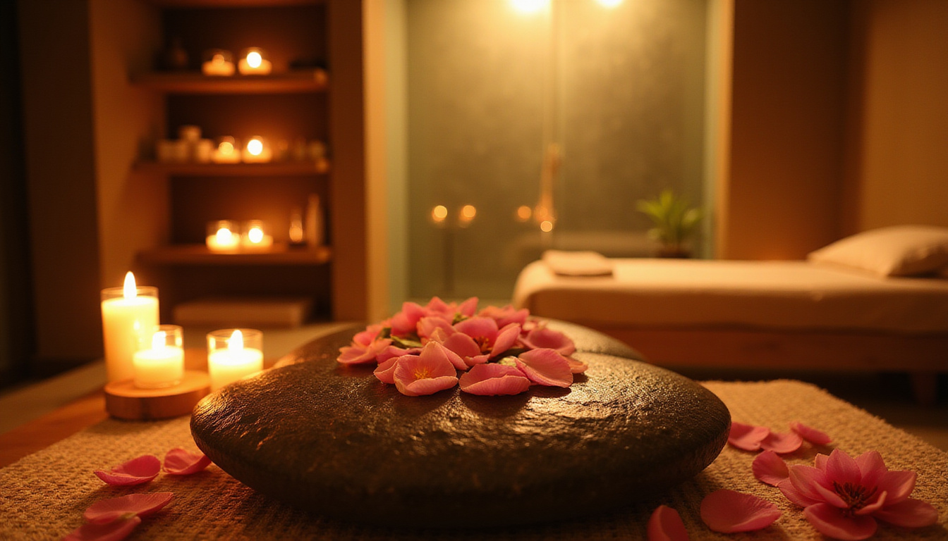  Tranquil spa oasis, candlelit treatment room, stone massage bed, lotus petals, warm golden light