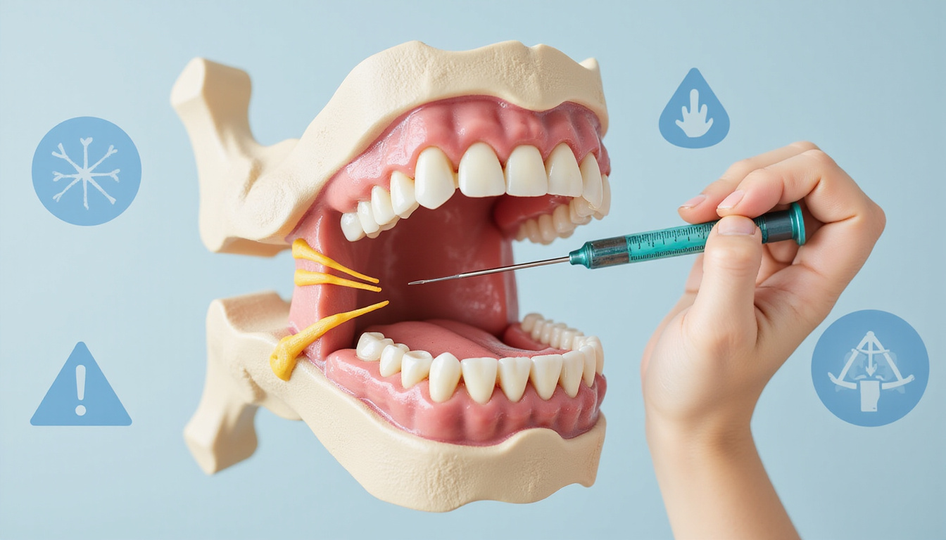  Cutaway jaw illustration revealing needle hitting bone, nerve highlighted, warning icons, clinical muted colors