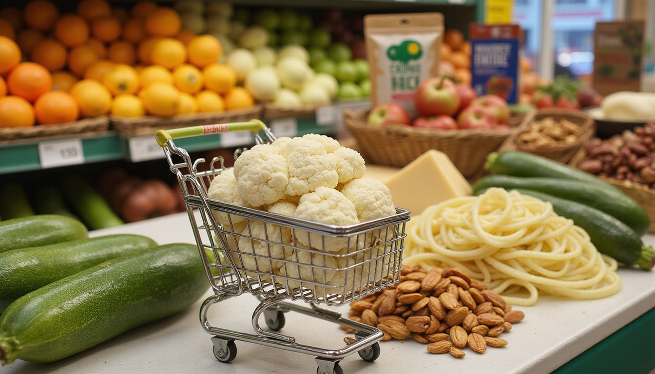  Shopping cart swapped: cauliflower rice, zucchini noodles, cheese, nuts, labels, vibrant farmer