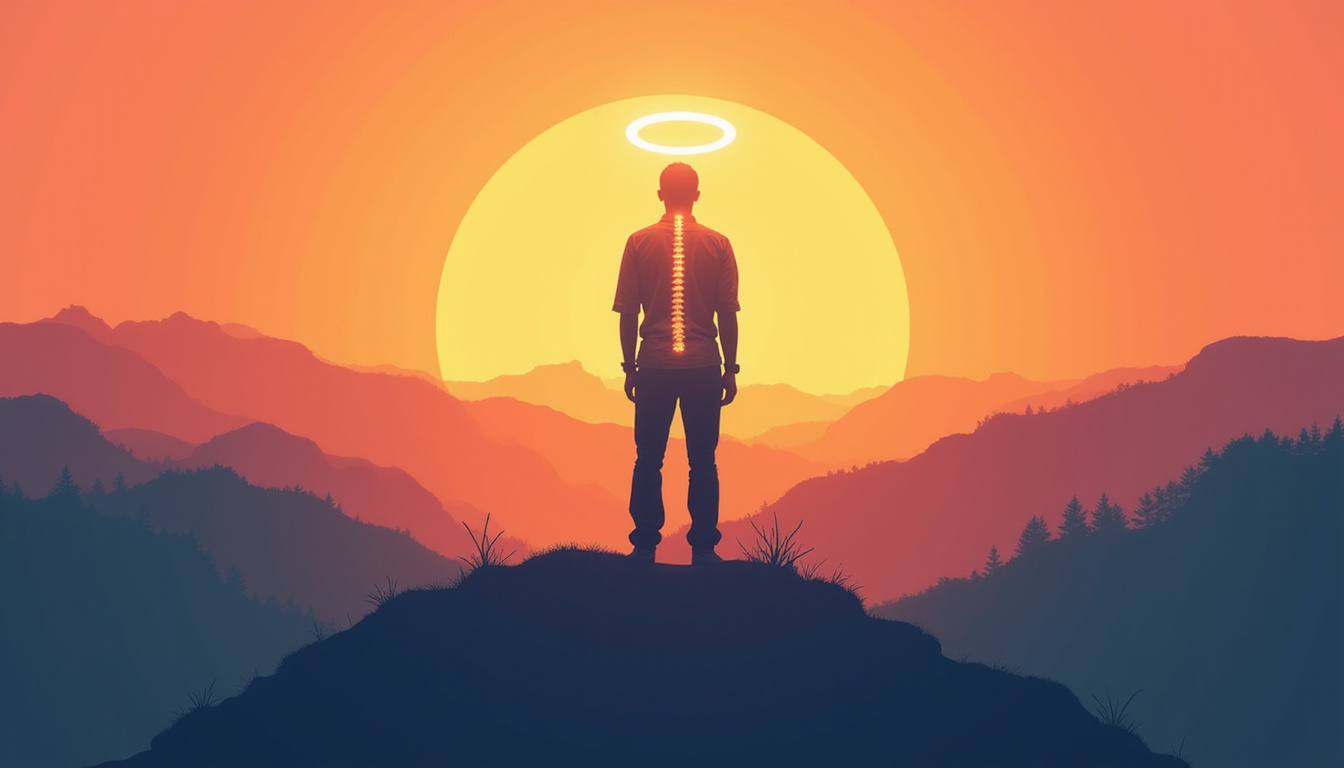  Triumphant patient standing pain-free on sunrise hill, stylized spine halo, hopeful expression