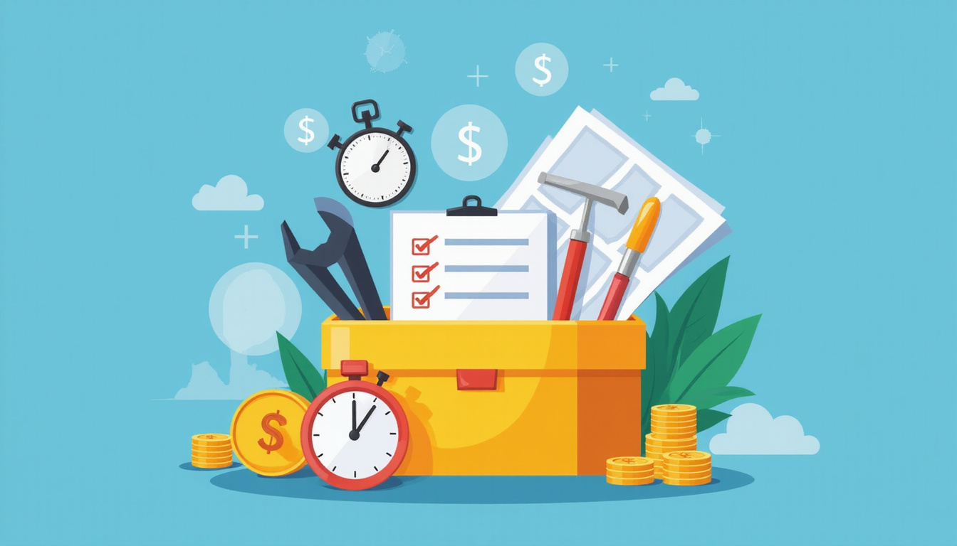  Minimalist toolbox, annotated checklist, stopwatch, blueprints and dollar symbols illustrating cost-cutting workflow