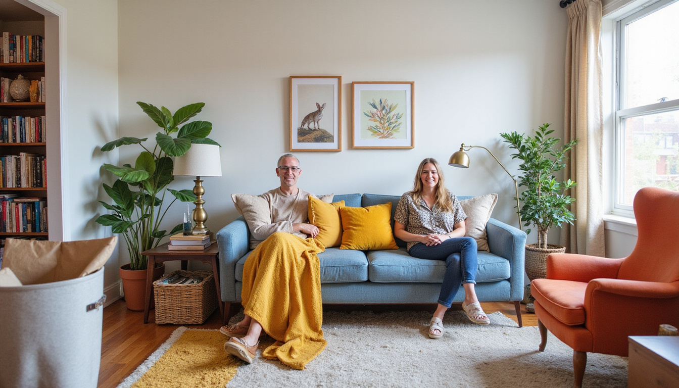 Before-and-after living room in University City: cluttered to minimalist, smiling homeowners, donation bin