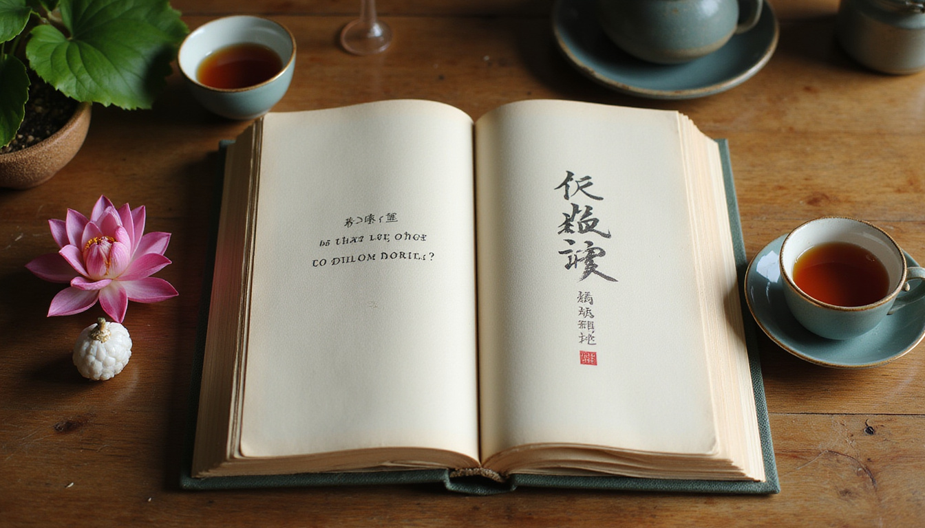  Minimalist tea table, open calligraphy book with single question, lotus reflection, serene focus