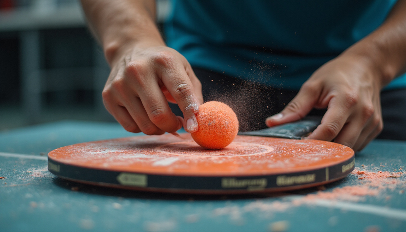  Close-up of hands gripping paddle, chalky fingertips, ball bounce, slow-motion, high contrast