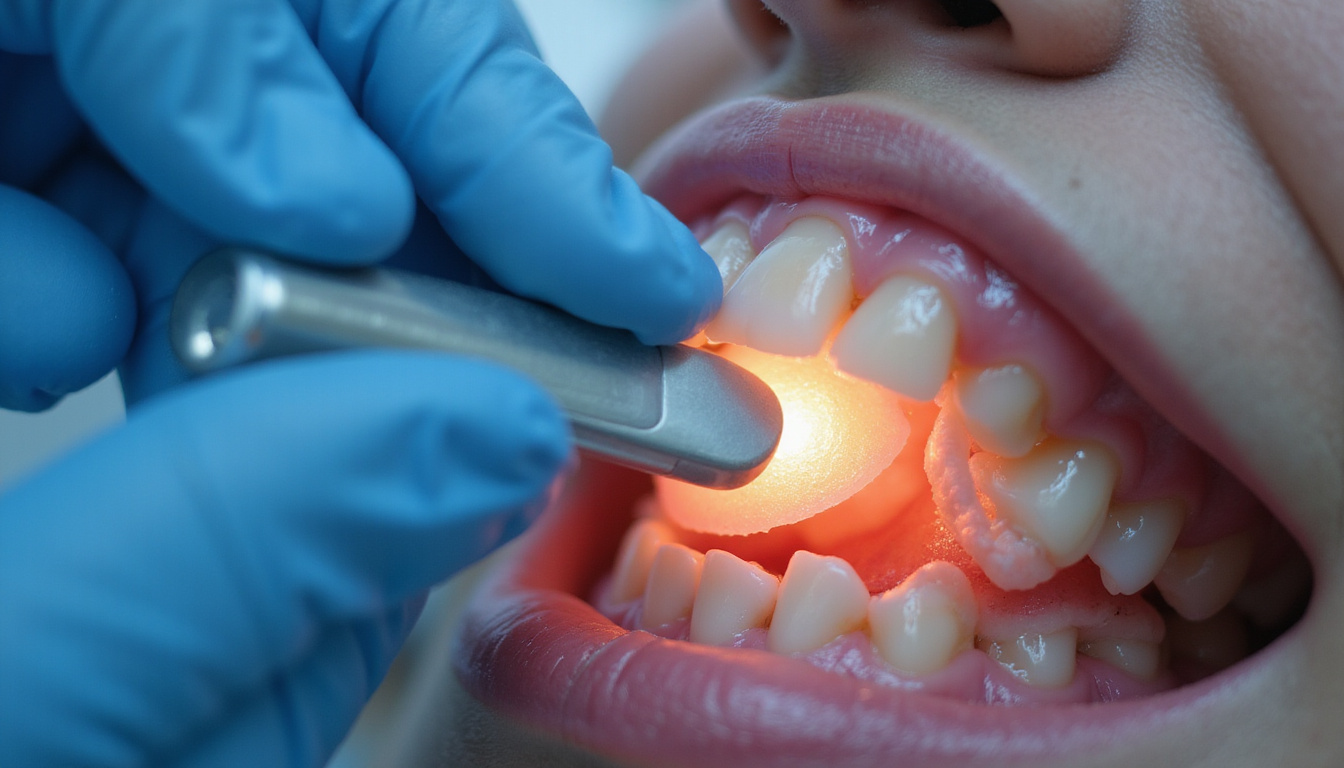  Dentist applying PRF membrane to surgical gum site, accelerated healing, soft clinical lighting