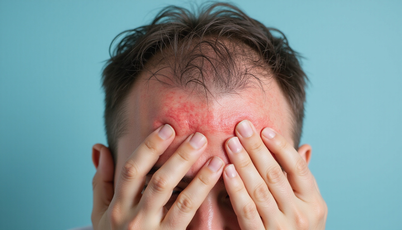  Close-up clinical scalp portrait with thinning hair, red inflamed skin, person wincing, hand pressing
