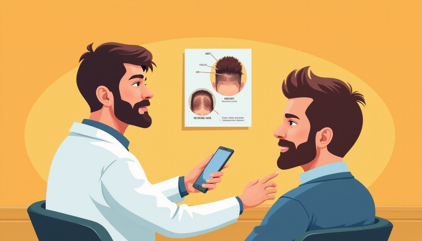  Dermatologist consulting with patient about HRT hair solutions, scalp close-up, diagrams, warm tones