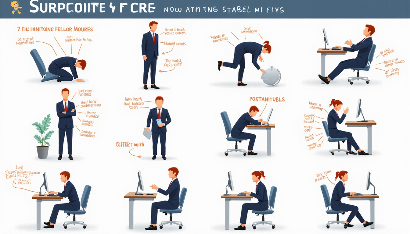  Dynamic infographic showing nine surprising fixes: stretches, strength, breathing, posture, ergonomic cues, anatomical highlights