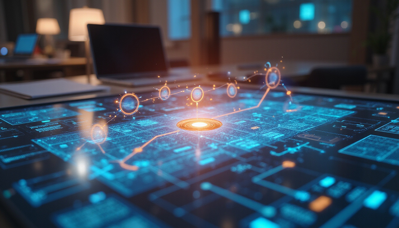  Overhead workflow diagram hologram above desk, efficient checklist, offset press in soft focus