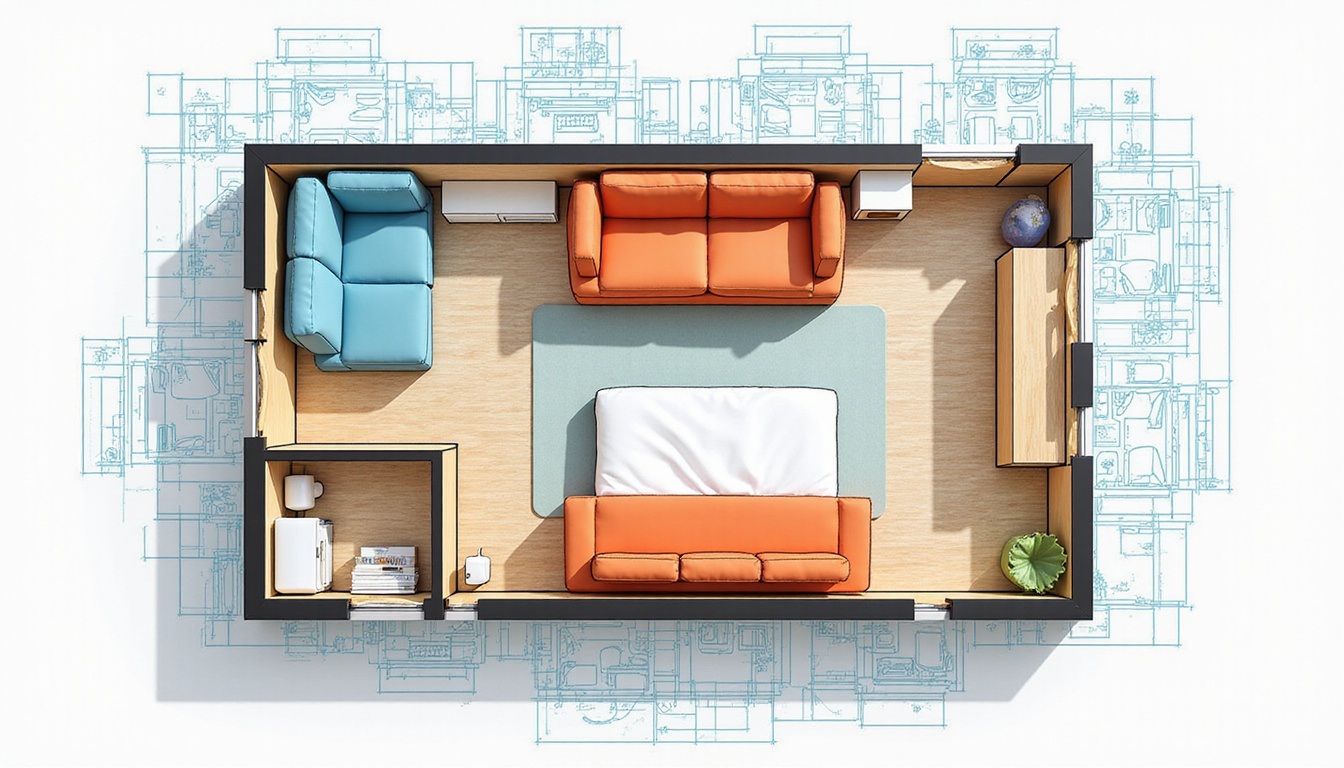  Open-plan budget-friendly layout showing smart space-saving hacks, convertible sofa, murphy bed, blueprint overlay