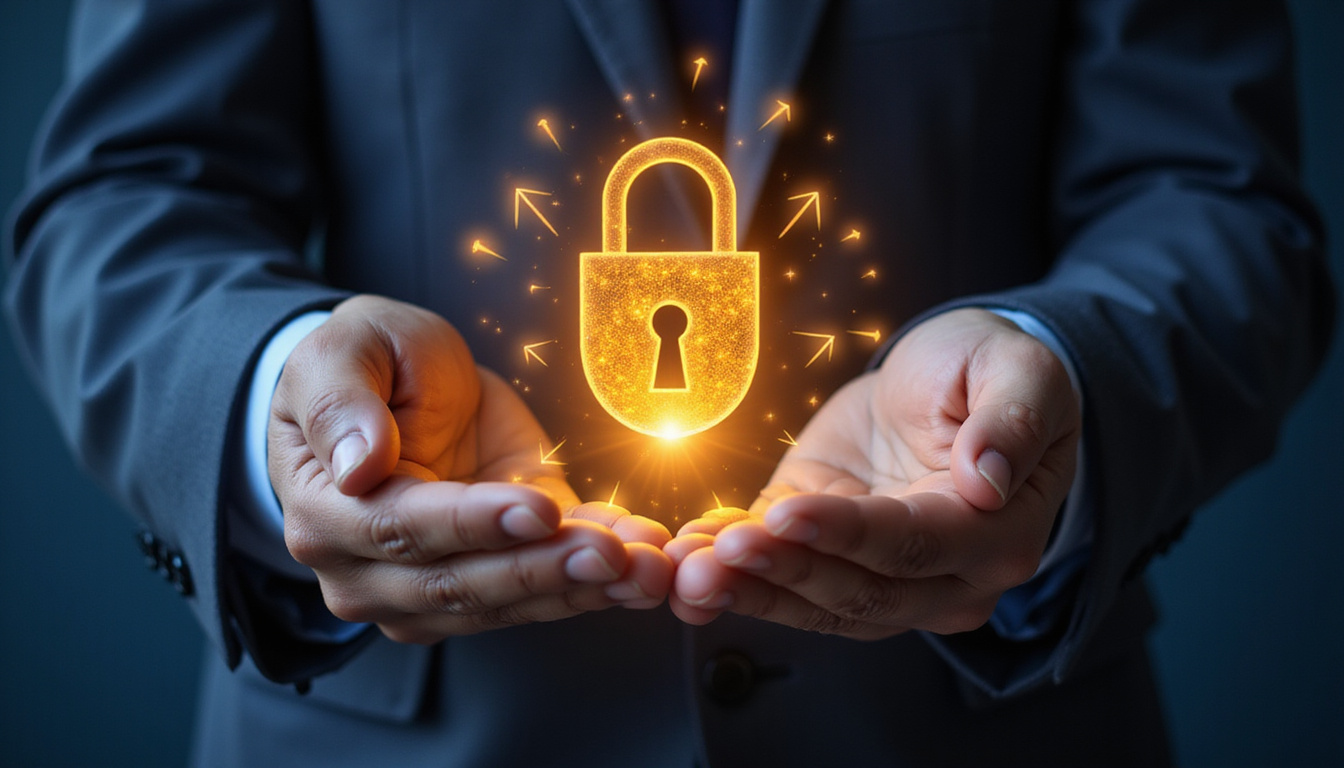  Ethical marketing dashboard glowing, privacy lock icon, human-AI handshake, golden trust light, upward arrows