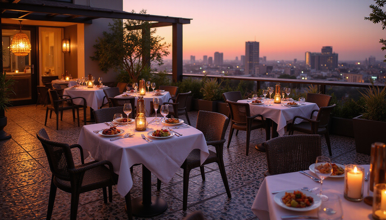  Rooftop dining terrace at dusk, lantern-lit tables, Arabic mosaic tiles, gourmet cuisine, golden skyline