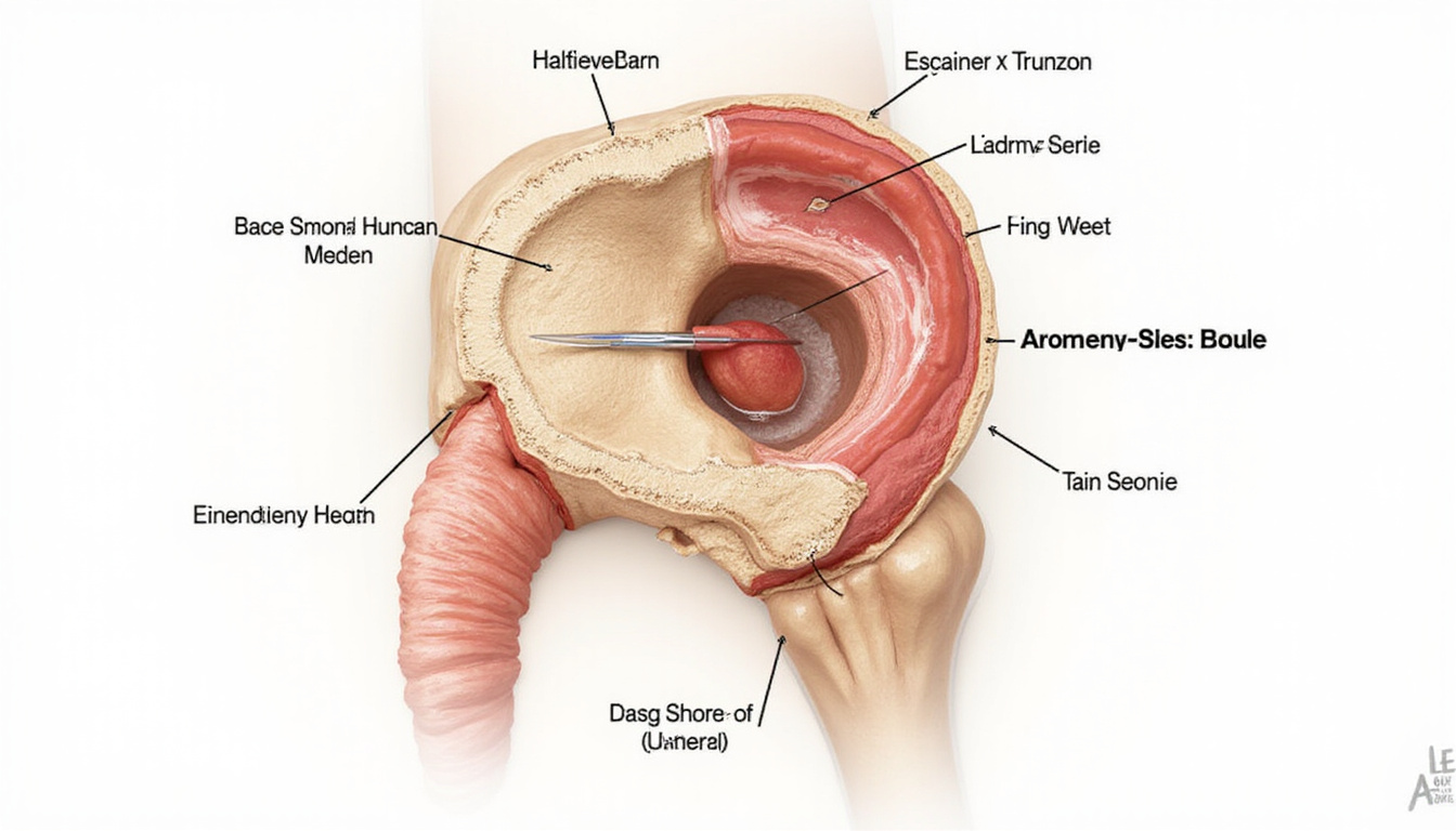  Cross-section anatomical illustration of humerus bone with IO needle placement, labeled landmarks, high-detail