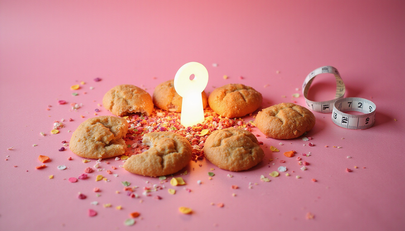  Shattered junk food cravings as glowing key unlocks slim silhouette, scale, measuring tape, confetti