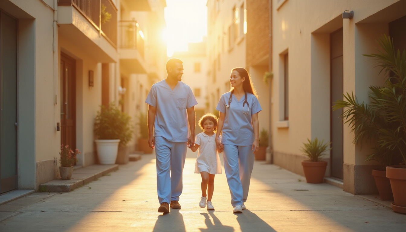postoperative patient walking sunlight minimal barely visible scar smiling family welcoming recovery