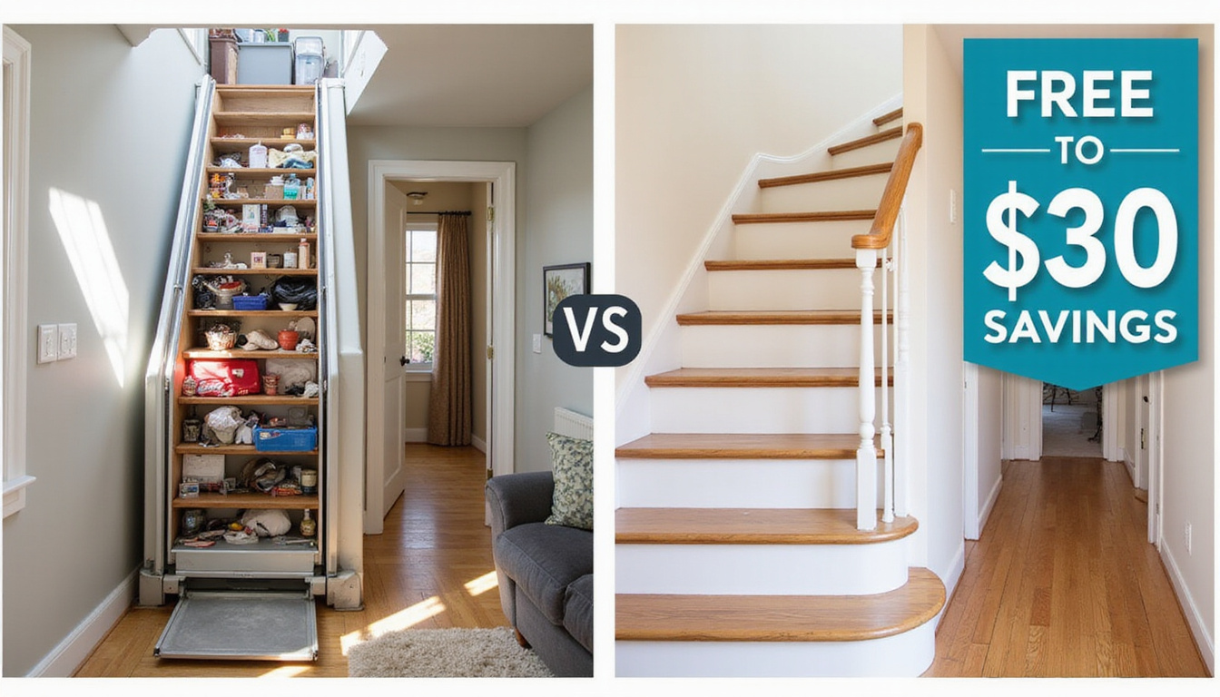  Before-and-after split image: cluttered stair with bulky lift vs minimal modern stairs, cost-savings infographic overlay