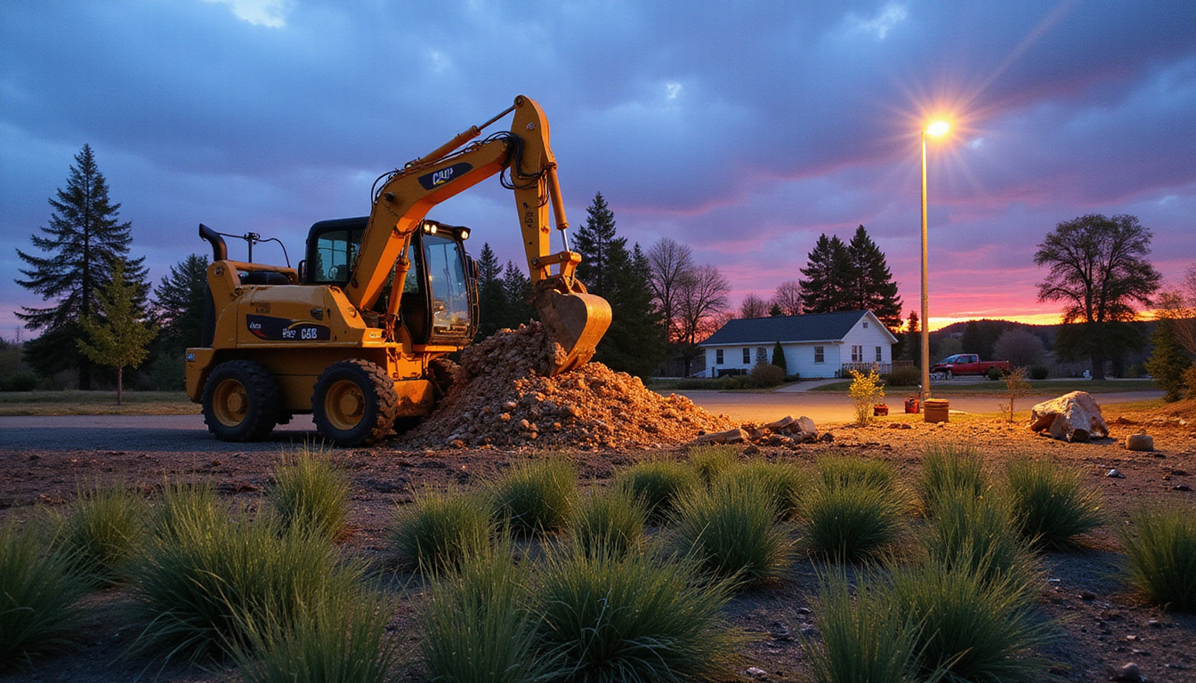  Affordable lot transformation at dusk: skid steer removes debris, native grasses planted, tidy low-cost landscape