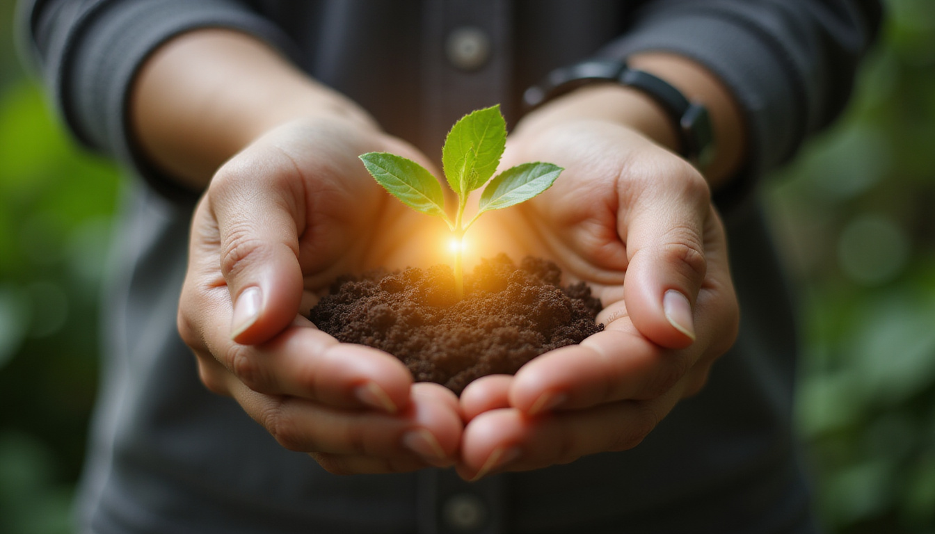 Hands cupping a glowing seedling heart, compassionate ripple effects transforming everyday life