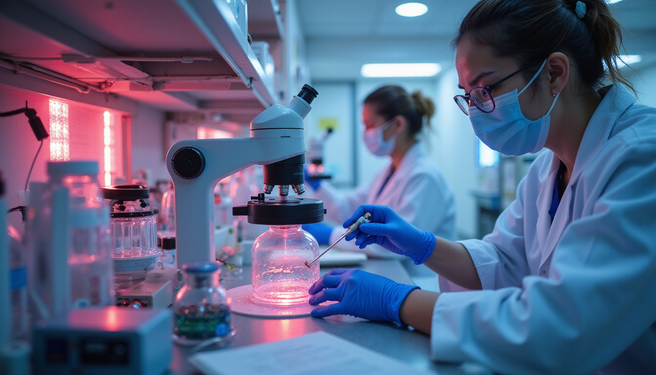  Lab scene: researchers studying microscopic venom molecules, conflicting images of allergic reaction and recovery