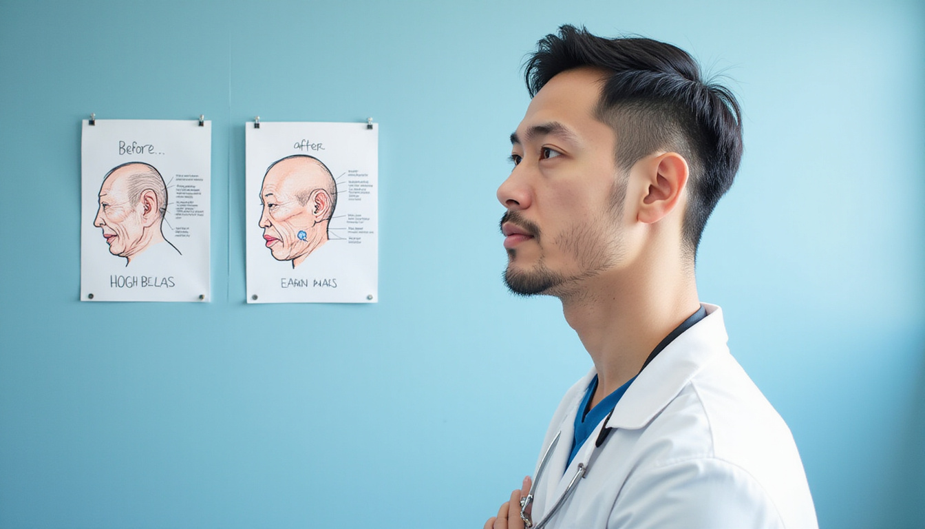  Futuristic clinic poster showing before-and-after stubborn hair loss, confident patient, scientific diagrams, hopeful light