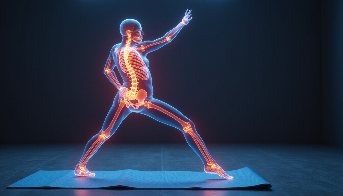  Transparent X-ray overlay showing stronger bones as senior practices tai chi on balance mat